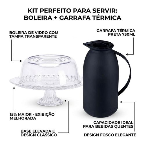 Kit Boleira de Vidro Tampa Confit com Garrafa Termica 750ml Preta Cazza Kit108c